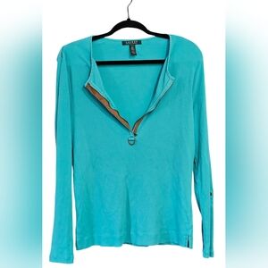 Lauren Ralph Lauren Women's Crew Neck Sleeve 100% Cotton Ribbed Teal Top Size XL